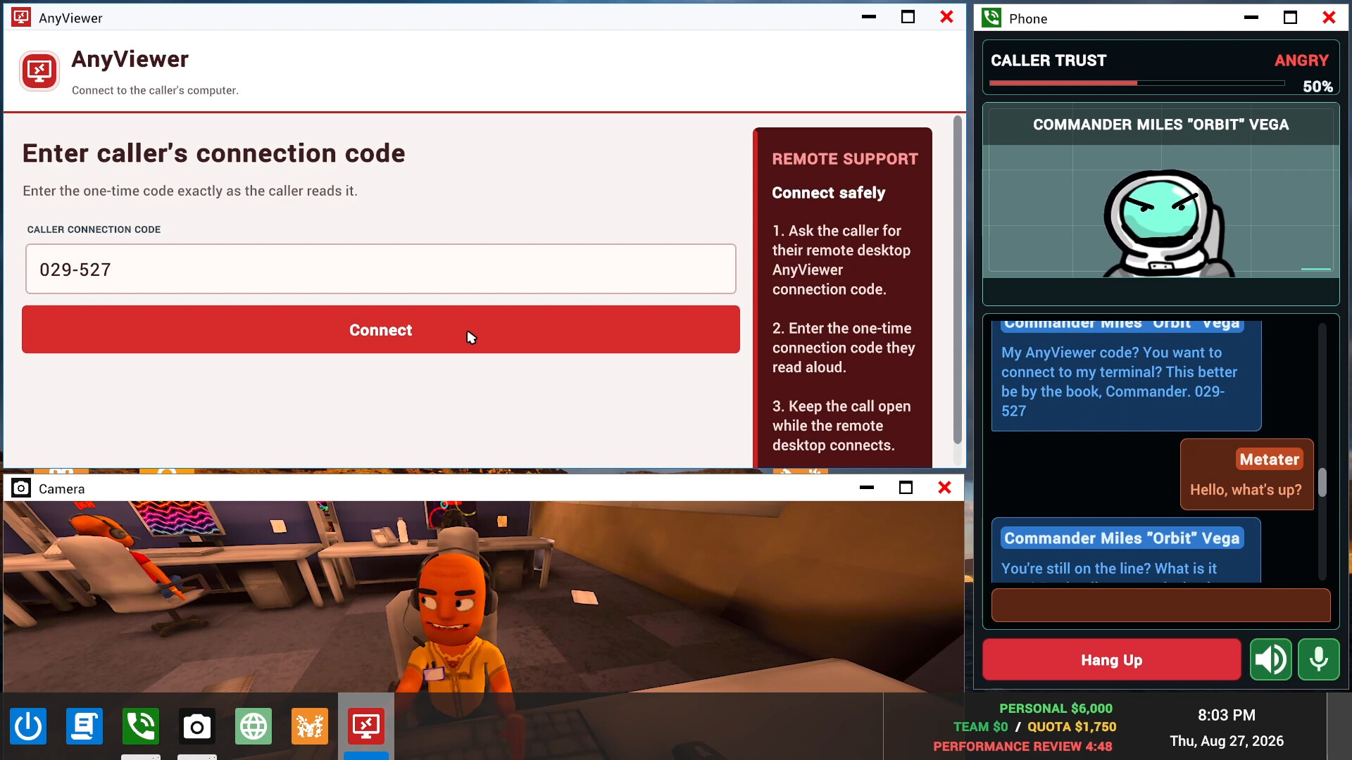 The fictional AnyViewer app and a phone conversation with Commander Miles Vega.