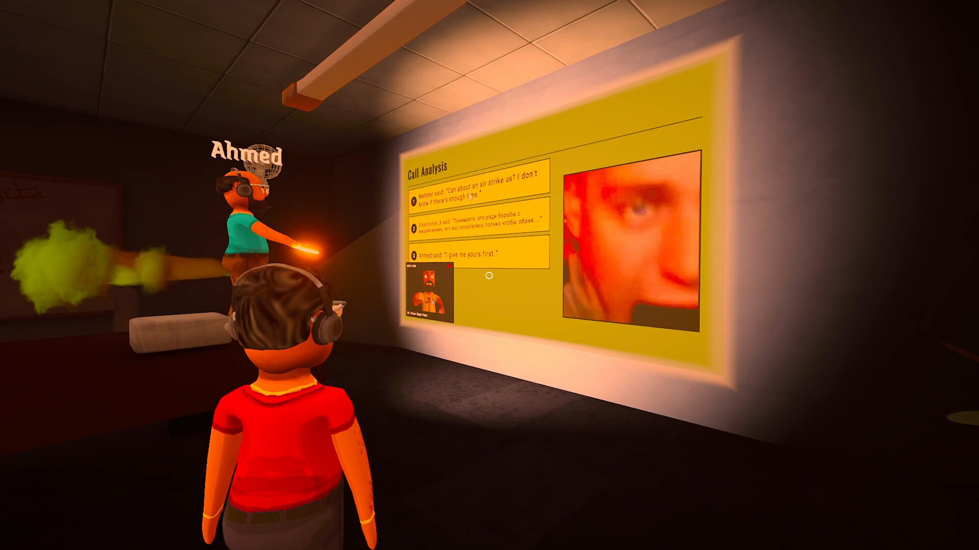 Players watch a call-analysis screen during an in-game boss review.