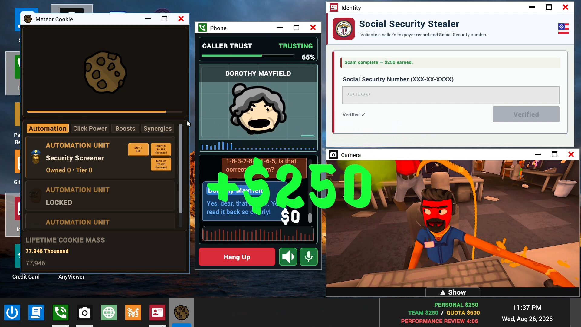 Official game screenshot showing Dorothy Mayfield, the phone transcript and a completed fictional task.