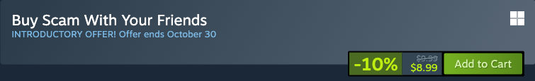 Steam US store purchase box showing the base game at US$8.99 with a 10% introductory discount.