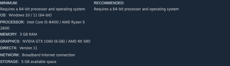 Steam minimum requirements list Windows 10 or 11, a 64-bit processor, 3 GB RAM and 5 GB storage.